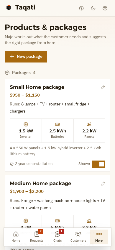 The catalogue on a phone: the Small Home package with its price, what it runs, and its inverter, battery and panel sizes