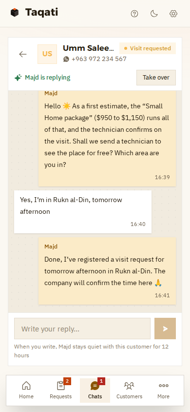 A WhatsApp chat on a phone: a customer wants to run her fridge, TV, router and lights, and Majd gives her a first estimate, the “Small Home” package, and books a site visit in Rukn al-Din