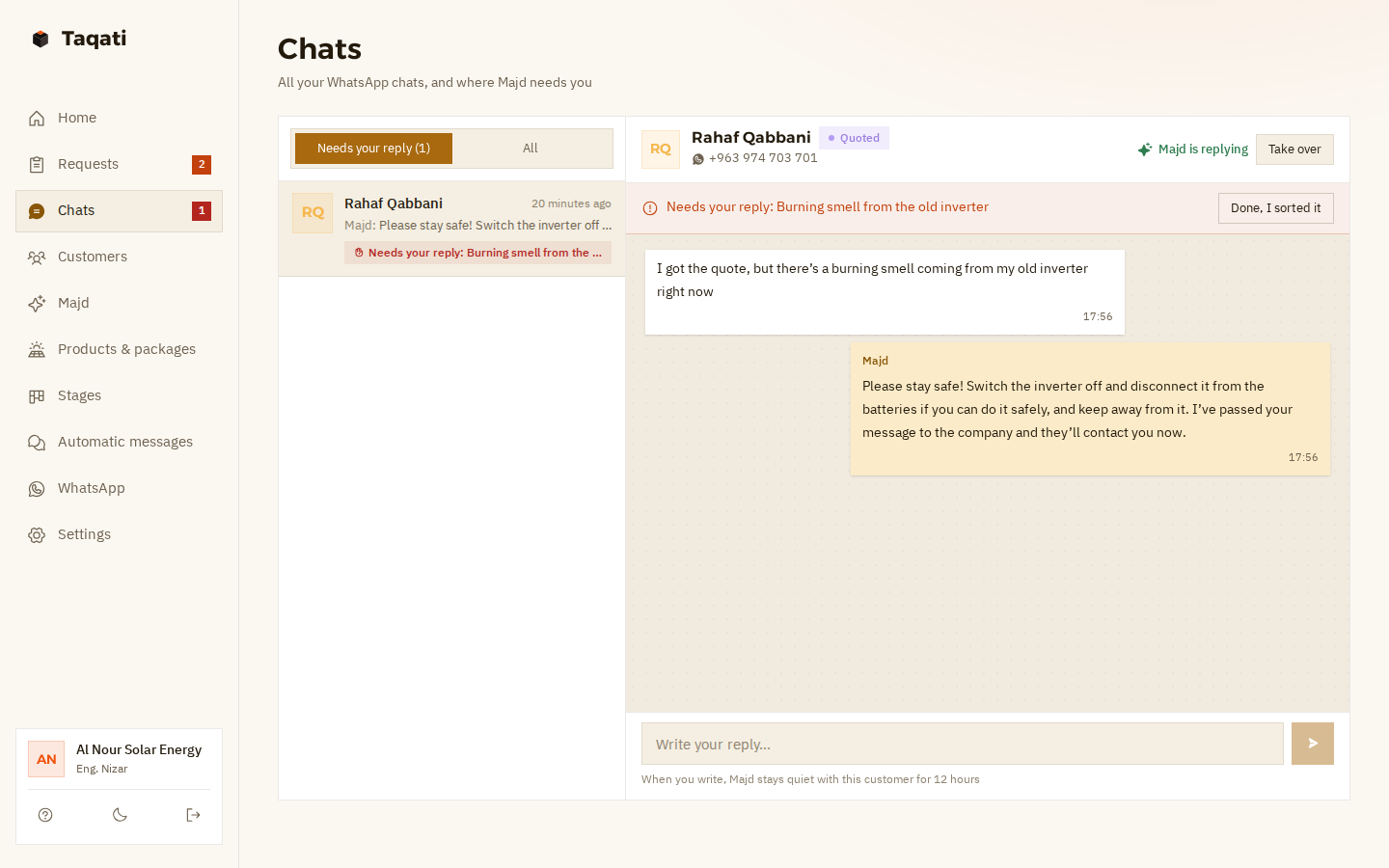 The chats page: a customer says there's a burning smell coming from her old inverter; Majd tells her to switch it off and keep away and hands the chat to the company, marked “Needs your reply” with a “Take over” button